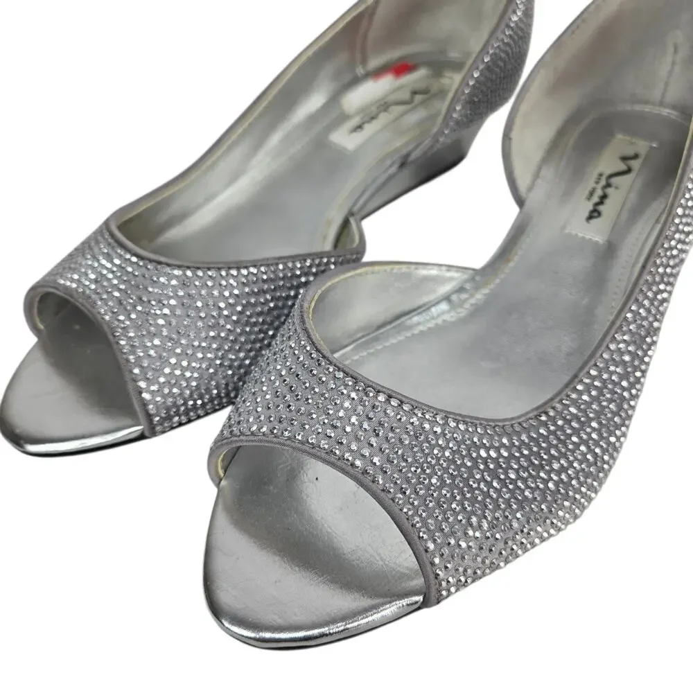 Nina Rossie Gray Silver Rhinestone D'Orsay Wedges Size 6 Peep Toe Pumps